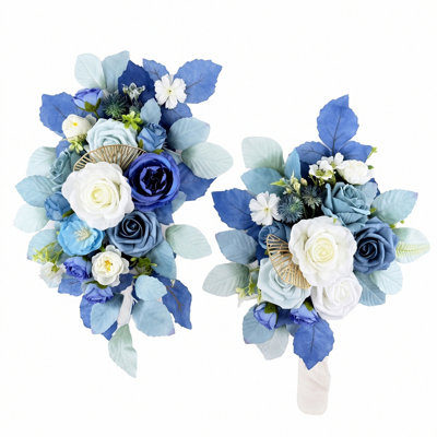 Artificial Blue White Wedding Bridal Bouquet, 19.69 Inch Cascading & 15.75 Inch Round Faux Rose Bouquet with Greenery, Fake Hand‑Held Flower for Wedding Ceremony Bridal Shower Photo Prop Decor