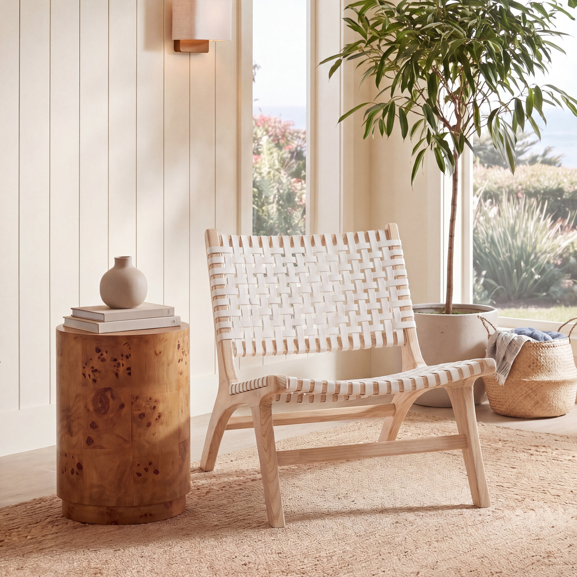 Denman Upholstered Side Chair, White/Natural
