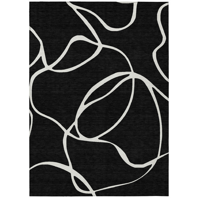 Black and White Abstract Pattern Washable Synthetic Area Rug, 5' x 7'