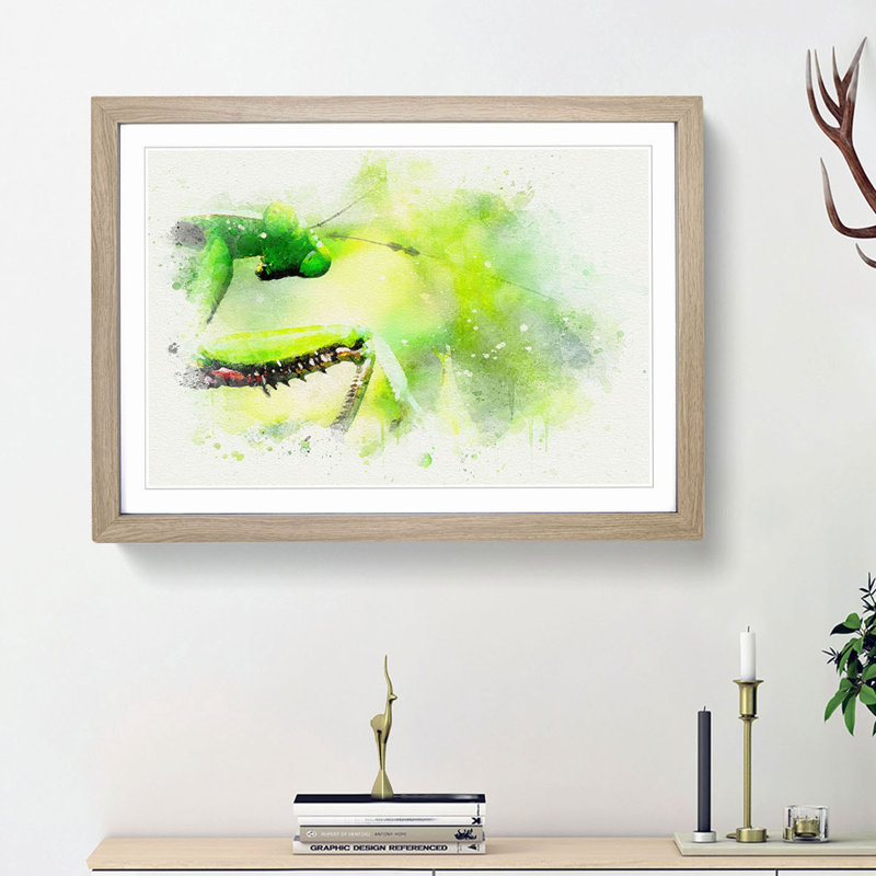 Peering Praying Mantis in Abstract - Picture Frame Graphic Art Print, 36cm H x 48cm W x 2cm D, Oak Framed