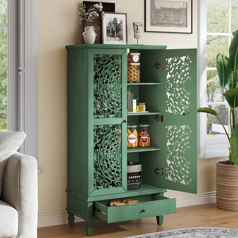 Armoire d'appoint en bois sculpté à 2 portes avec tiroir Anadia, Vert antique