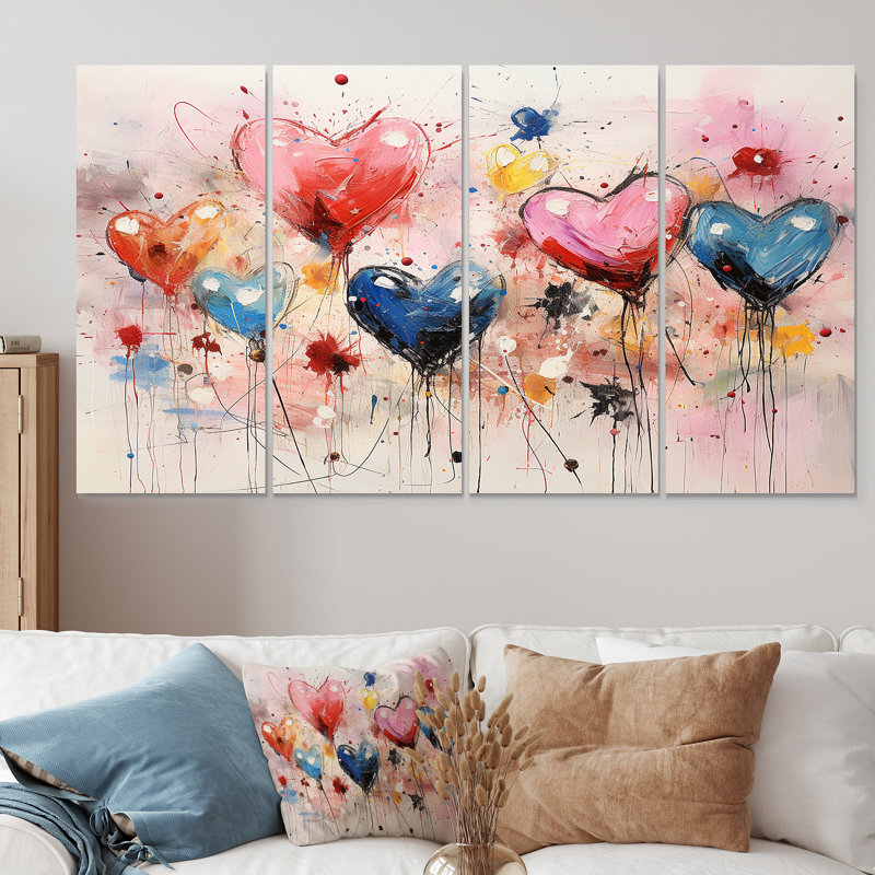 Rose et bleu cœur Pop Art I - Pop Art, décoration murale 4 pièces, H 28 po x l 48 po