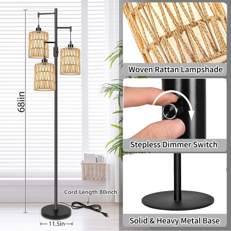 Black Boho 3-Light Dimmable Tree Floor Lamp - 3 LED Bulbs Included for Living Room