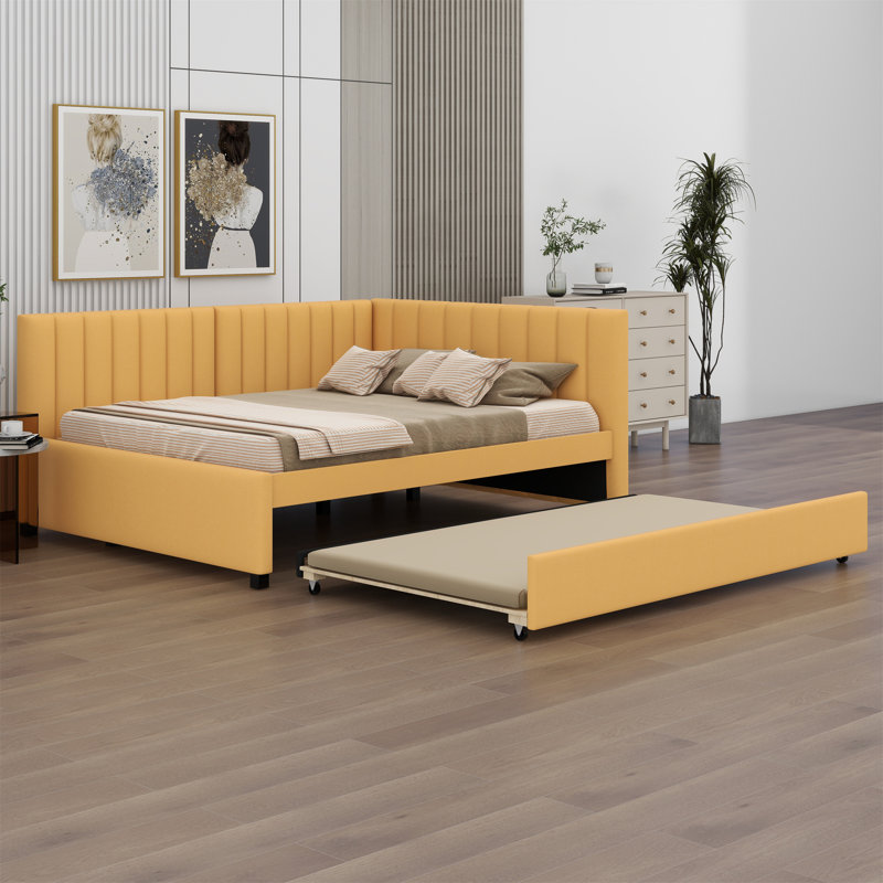 Upholstered Daybed with Trundle Sofa Bed Frame, Yellow, Full