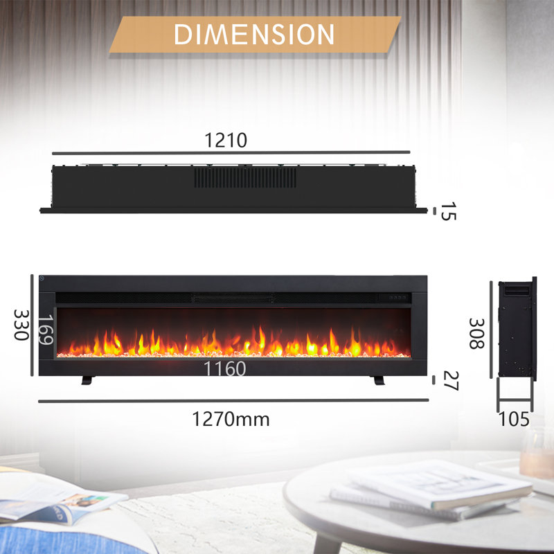 DILTON FLAMEKO Black Electric Fireplace, 33cm H x 127cm W x 11cm D