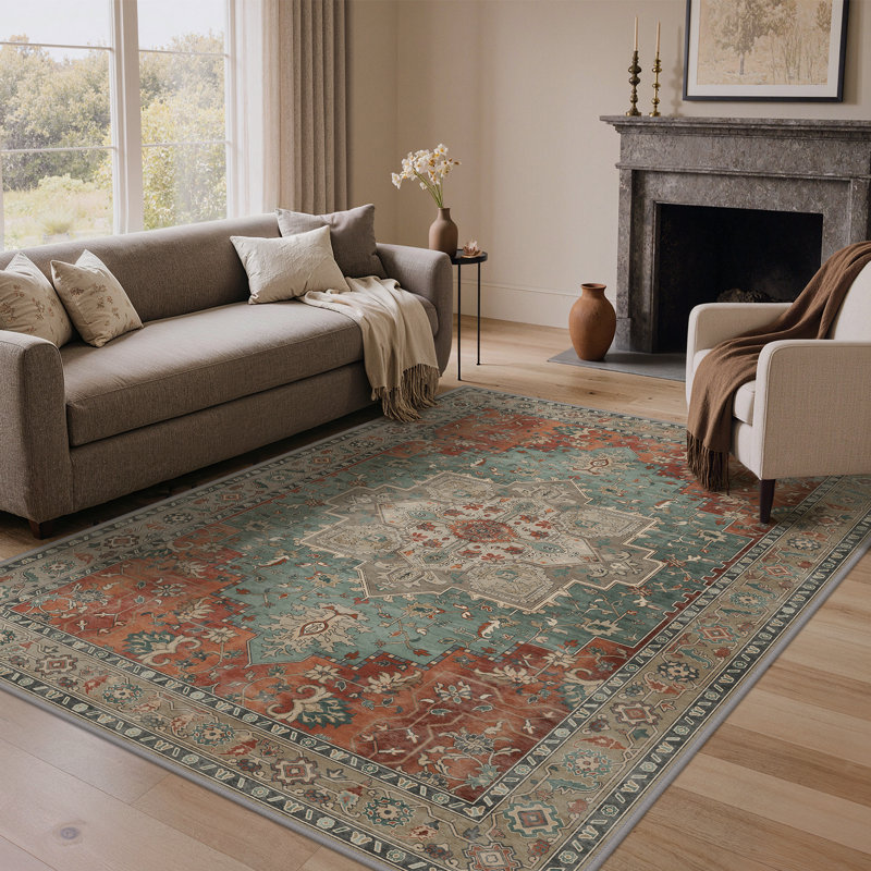 Roehit Oriental Performance Machine Washable Area Rug, Rectangle 6' x 9', Slate Blue/Terracotta