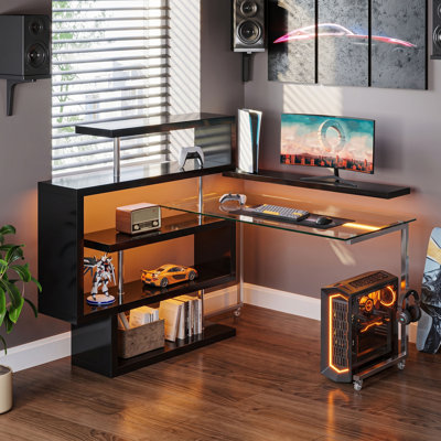 Bureau convertible en forme de L 3 en 1 avec poste de travail roulant en verre, ensemble de bibliothèque à plusieurs niveaux, roulettes verrouillables mobiles, table d'écriture de bureau noir lustré