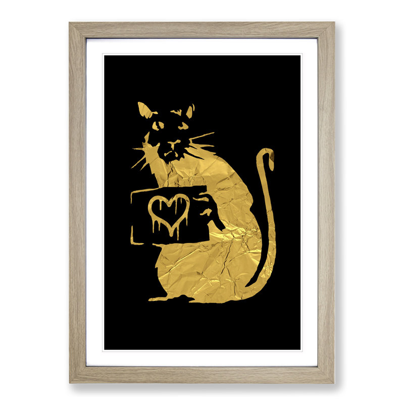 Banksy in Gold Rat with Heart - Framed Print, 65cm H x 48cm W x 2cm D, Black/Gold/Cream, Oak Framed