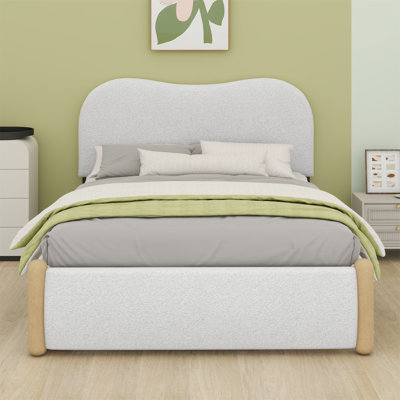 Lit plateforme tapissier avec pieds de soutien en bois et lit gigogne