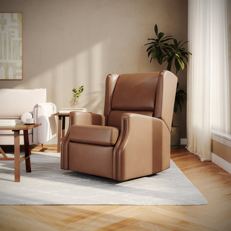 Jillean Upholstered Wingback Manual Rocking Glider Recliner Chair with 360° Swivel, Cognac Faux Leather
