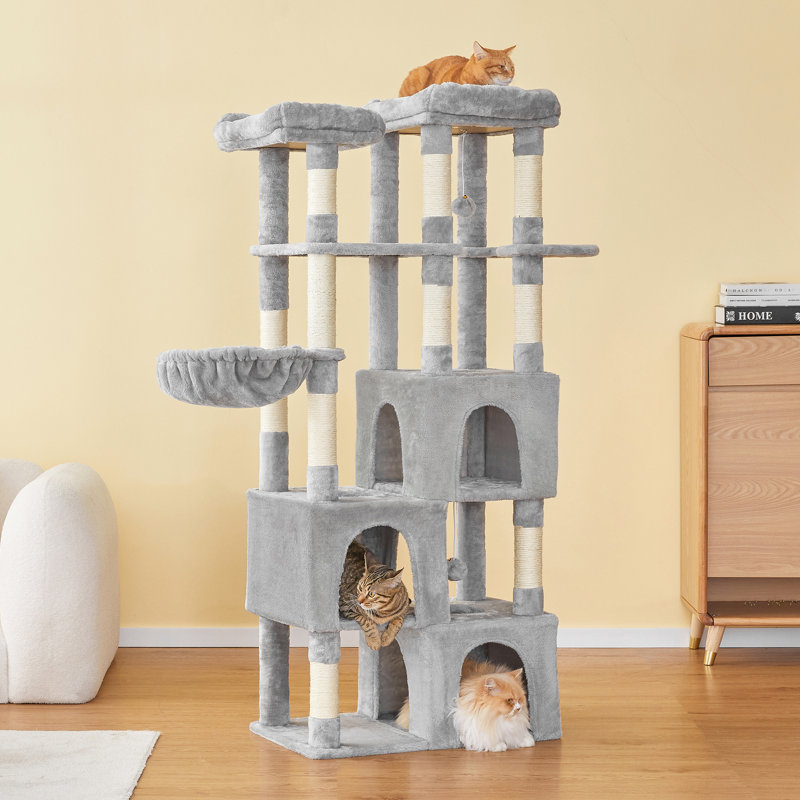 Grand arbre à chat 63 po pour chats d'intérieur, Gris clair