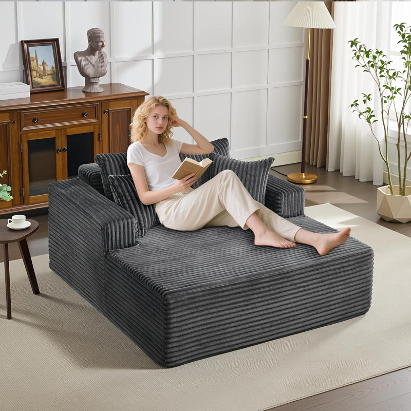 61" Oversized Corduroy Chaise Lounge Chair Upholstered Deep Seat Sofa Bed with USB Ports & Pillows Armrests Sleeper Couch, No Assembly