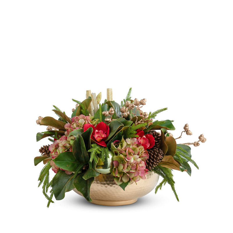 HYDRANGEAS, ORCHIDS IN GOLD HAMMERED METAL