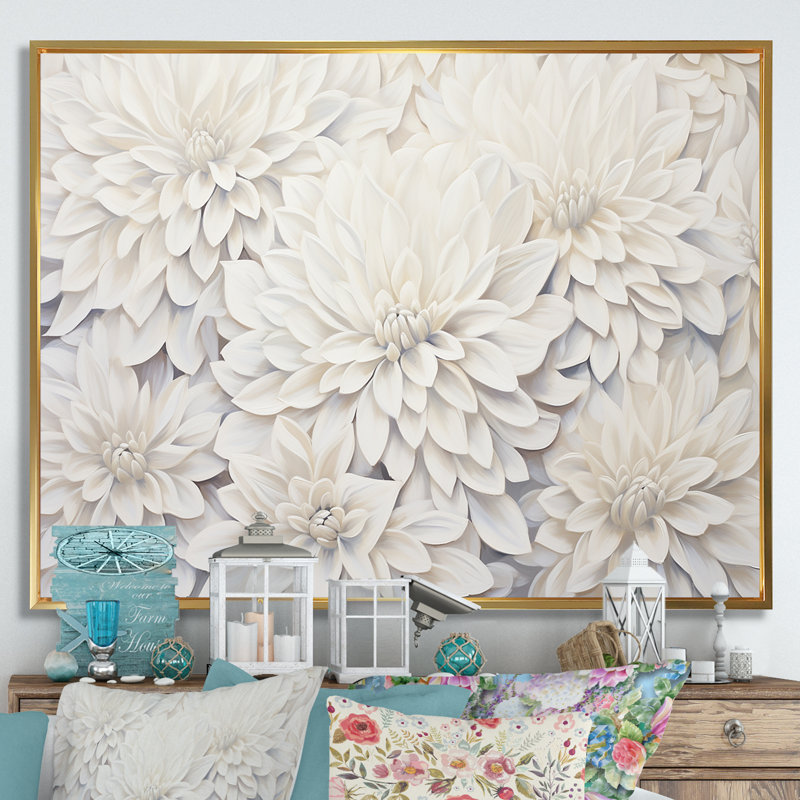 «White Dahlia Charm Collage», art mural Dahlia, H 34 po x l 44 po x P 1,5 po, Cadre flottant doré