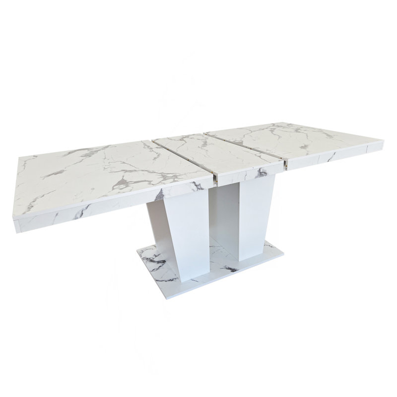 Extendable Dining Room Table For 6-10 Modern White Faux Marble Wooden Expandable Kitchen Table W/Dual Column Pedestal Base, Large Rectangle Dining Table