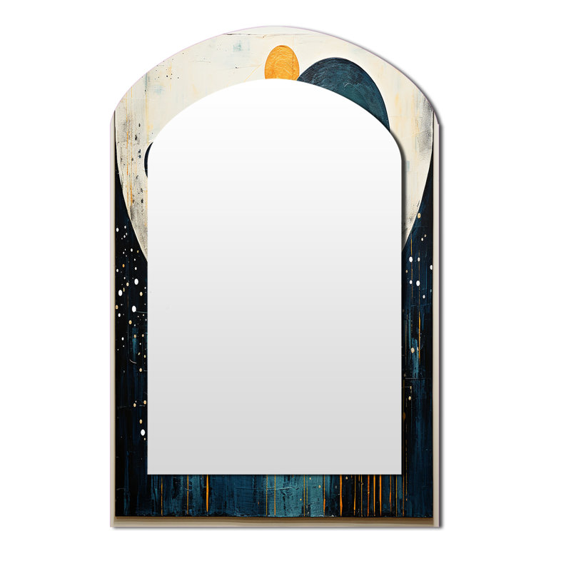 Teal Yellow Mid Century Minimalist Rain II - Teal Arch Wall Mirror Decor, 43" x 33"