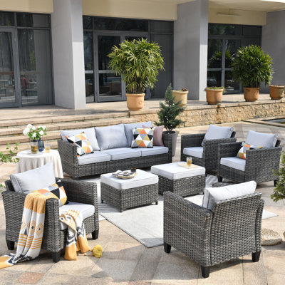 Kaniha Wood Premium All-Weather Wicker 7 - Person Patio Conversation Set with Cushions