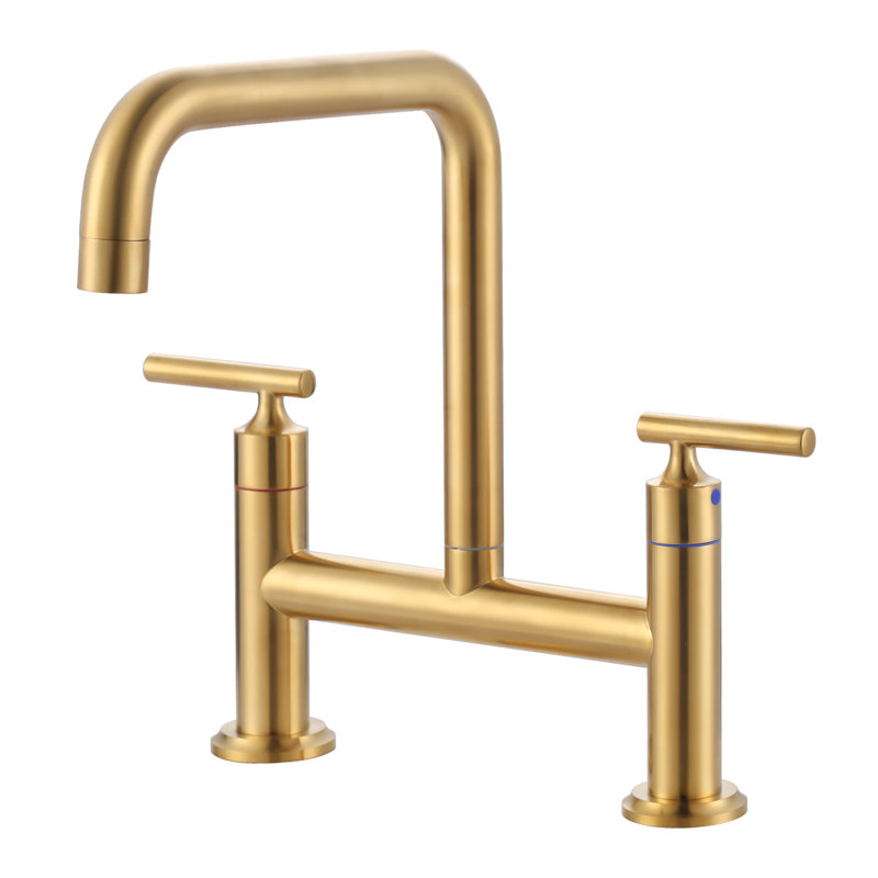 Double Handle 8 Inch Bridge Kitchen Faucet, High Arc Solid Brass 2-Hole Ktichen Faucet, Gold