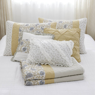 Ensemble de courtepointe en percale de coton 6 pièces avec coussins décoratifs jaune double / grand