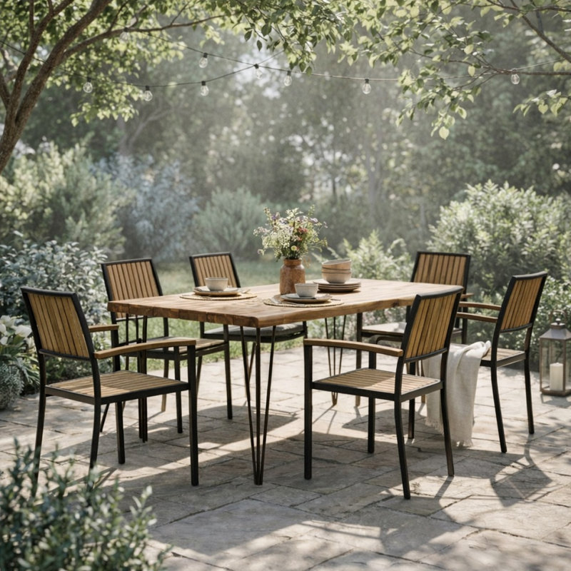 Ensemble de salle à manger d'extérieur 7 pièces pour 6 personnes, table rectangulaire avec plateau et chaises en bois d'acacia, grand ensemble de meubles modernes de 72 po pour patio, terrasse, cour arrière, porche, teck et noir