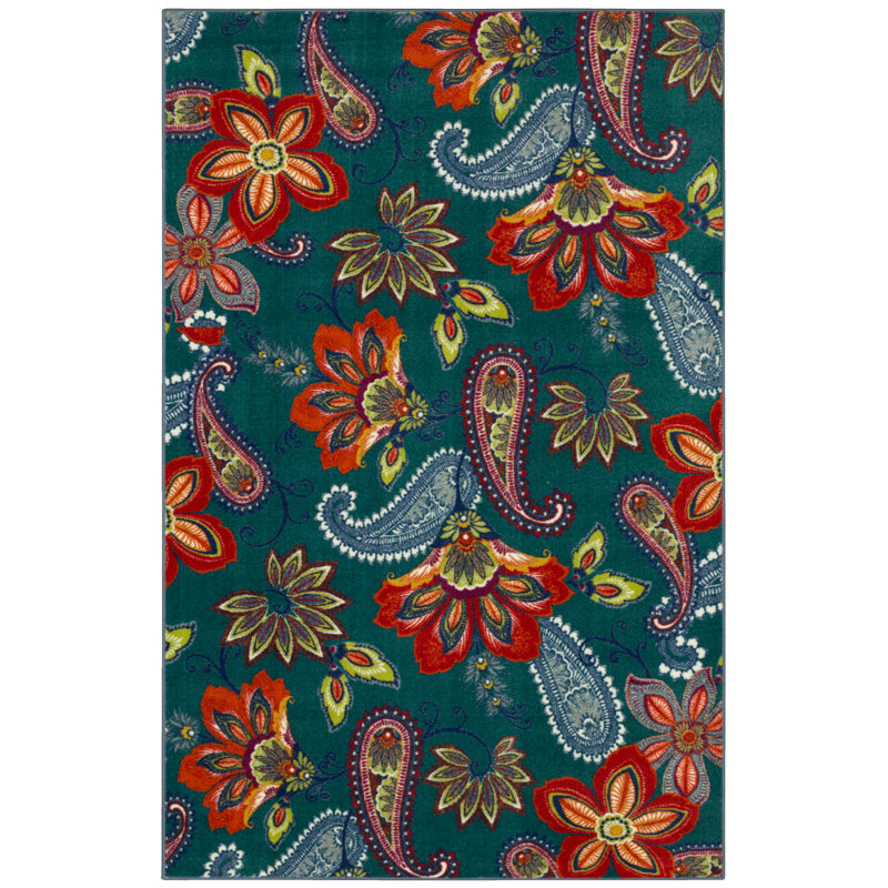Tapis bleu sarcelle à motif floral Kamberk, Rectangle 5 pi x 8 pi