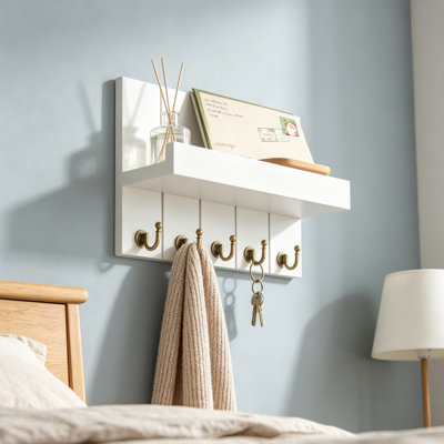 Key Holder Wall Mount with Shelf for Living Room, Rustic Farmhouse Mail Organizer and Floating Shelf with Hooks, Apartment Essential Decor Accent