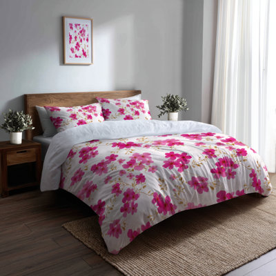Floral Bedding Set 3 Pcs - Pink Fuschia Whisper Duvet Cover And Throw Cushion Set