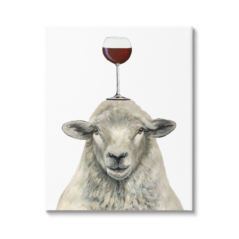 «Sheep Balancing Wine Glass Simple» par Coco de Paris - Peinture, Toile tendue, H 48 po x l 36 po x P 1,5 po