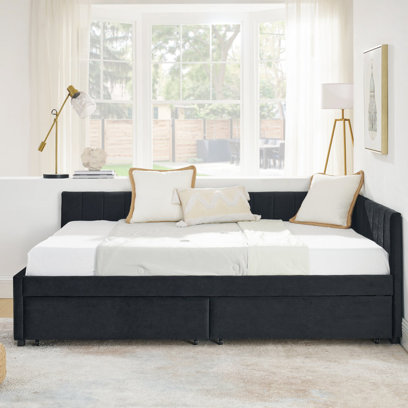 Full Size, Velvet, Daybed, Two Drawers, Comfortable , , Mid - Century Modern, Office Decor Upholstered Contemporary Style, Cafe
