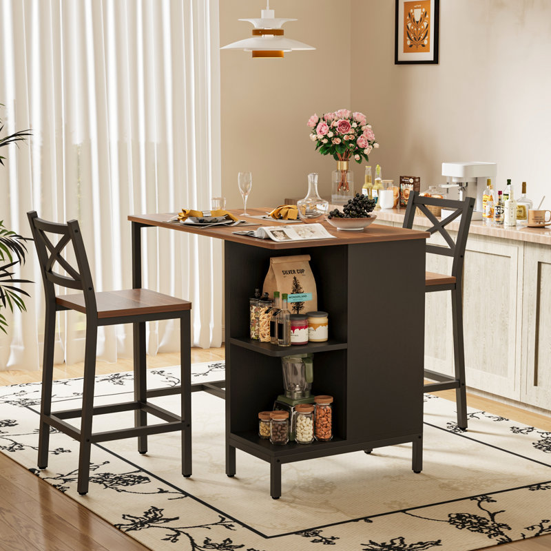Industrial Style 3 Pieces Counter Height Dining Table Set With Storage Shelves, 41.3’’L Rectangular Dining Table With 2 Dining Chairs For Compact Kitchen Or Dining Room