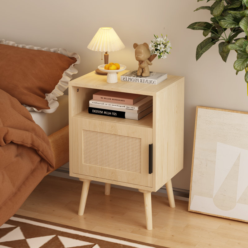 Table de chevet d'appoint en rotin, table d'appoint avec porte et tablette ouverte pour chambre à coucher, dortoir et petits espaces