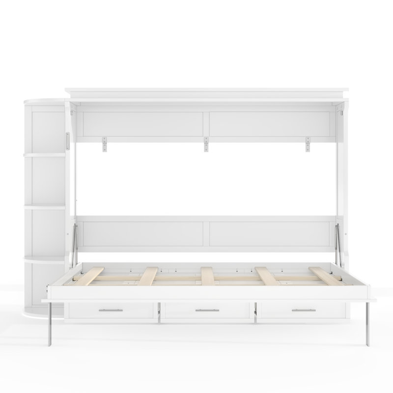 Grand lit plateforme escamotable avec tablettes, armoires latérales et tiroirs, grand lit pour bureau à domicile, blanc