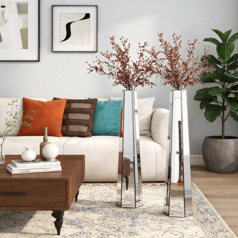 2 vases de plancher à miroir géométriques faits à la main de 30 po de style moderne et ultra-moderne