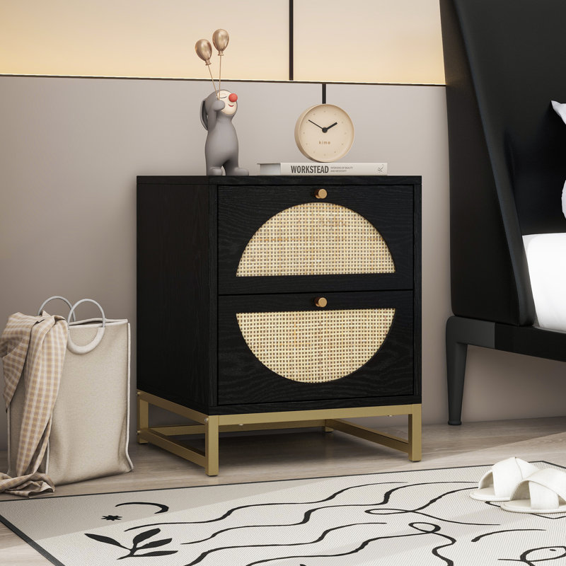 Mid-Century Modern Rattan Nightstand with 2 Drawers, Boho Cane Bedside Table with Storage, Modern Accent Nightstand for Bedroom