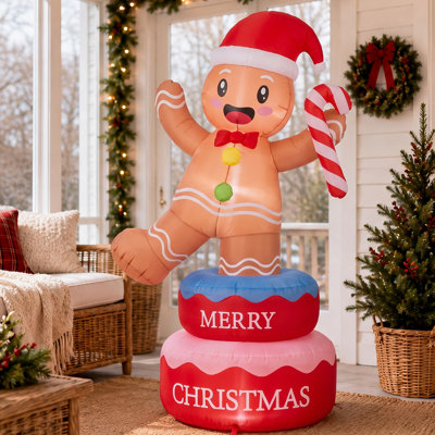 6FT Standing Spinning Gingerbread Man Christmas Inflatable with 4 LED Lights 210D Polyester 12V 1500mA Outdoor Yard Decor