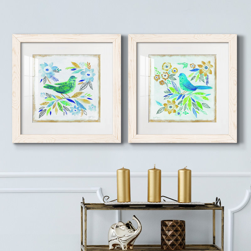Oiseau Chanteur I - ensemble de 2 peintures encadrées, H 17 po x l 34 po x P 1,5 po, Cadre blanc