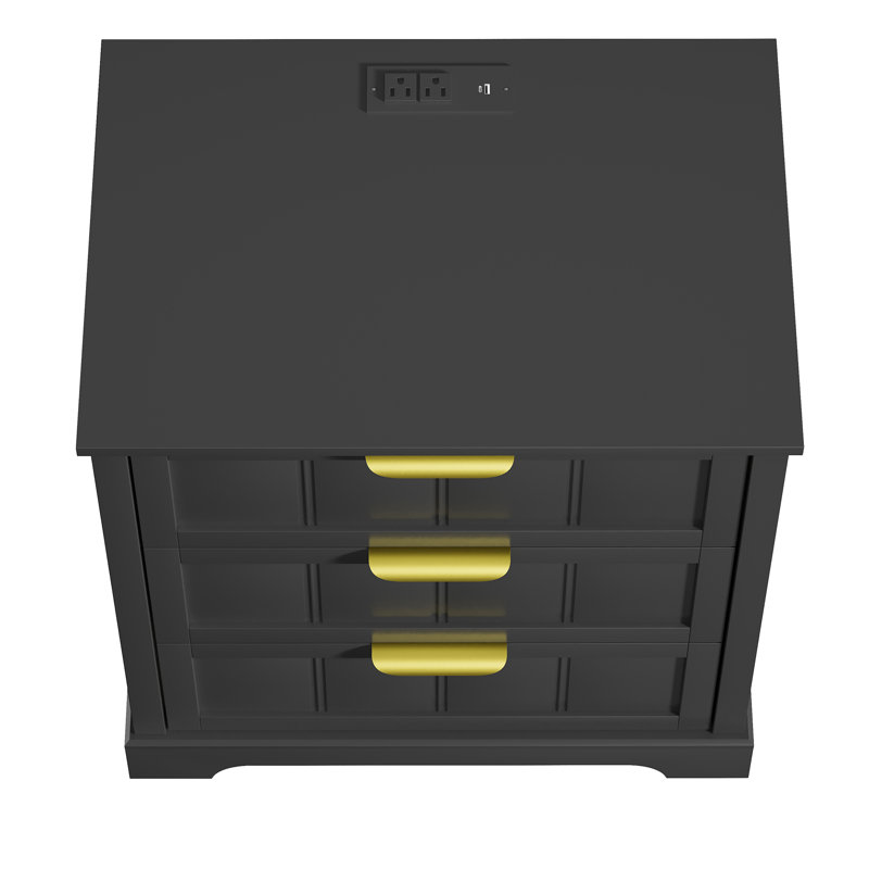 23.6" W 3-Drawer Nightstand with Charging Station and Metal Handle (Set of 2), Black