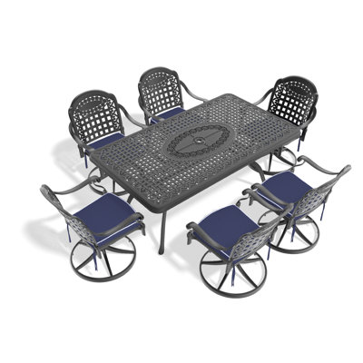 -piece cast aluminum set - weather-resistant rectangular table & 6 swivel chairs with black frame
