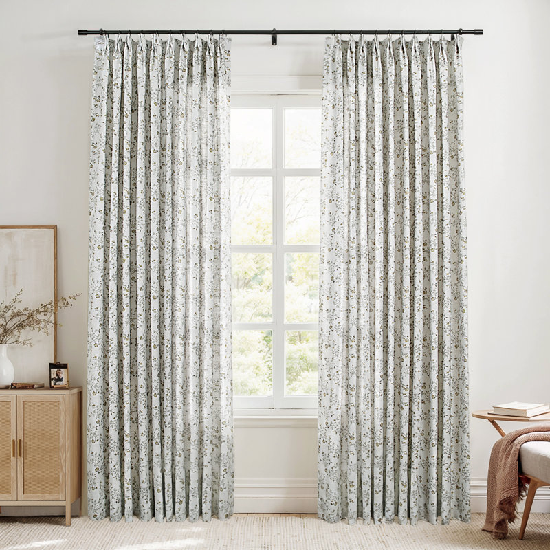 TWOPAGES Unlined Floral Curtain Printed Faux Linen Pinch Pleat Curtain, 26" W x 84" L, Cotton White