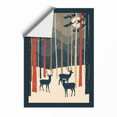 Deer in Silent Forest Mid-Century - Framed Print