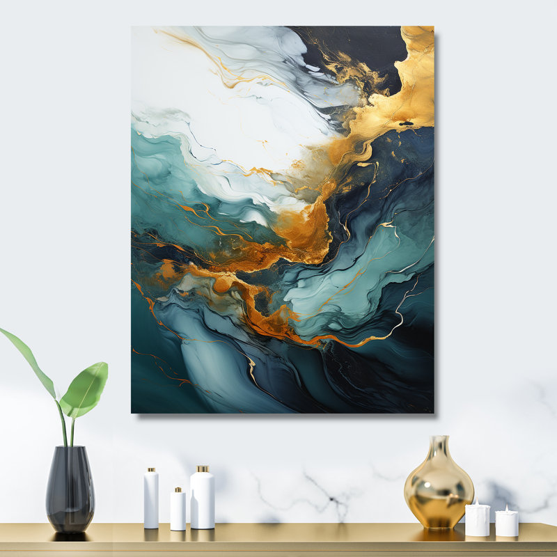 Or et vert, cascade de marbre blanc I - art mural abstrait en métal, H 40 po x l 30 po x P 1,5 po