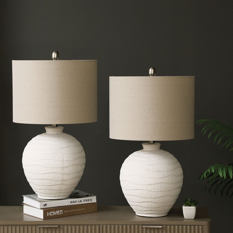 61cm Tall Ceramic Living Room Table Lamp, Bedside Lamp Linen Shade, Buffet Lamp, White, Beige