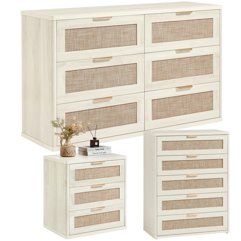 Ensemble de commode et table de chevet en rotin: mobilier de chambre en bois Boho, commode à 6 tiroirs, commode à 5 tiroirs et table de chevet à 3 tiroirs