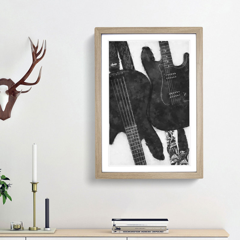 Bass & Electric Guitar - Picture Frame Graphic Art Print, 63cm H x 45cm W x 2cm D, Oak Framed