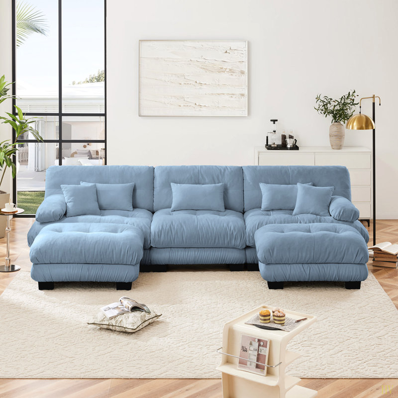 Canapé modulaire de luxe avec canapé modulaire en U pour salon, canapé avec 2 repose-pieds, chenille, Chenille bleu