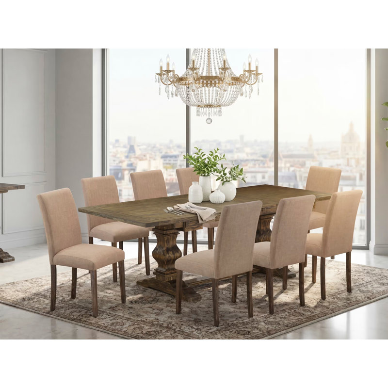 9 Piece Modern Dining Table Set Includes a Rectangle Wooden Table with Removable Leaf and 8 Light Sable Linen Fabric Parsons Chairs, Jacobean