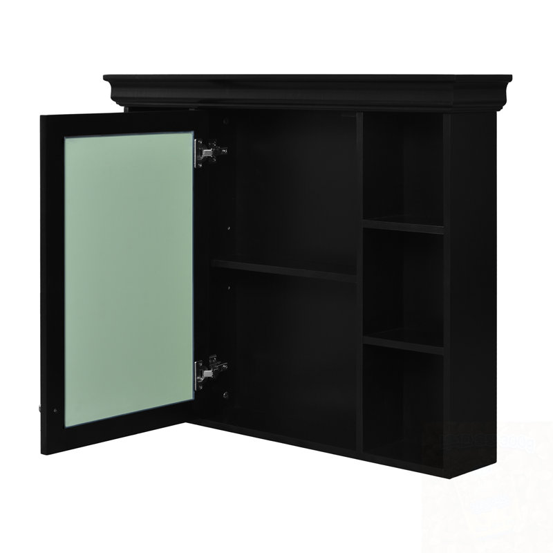Armoire de rangement murale pour salle de bain avec porte miroir et tablettes ouvertes, Noir