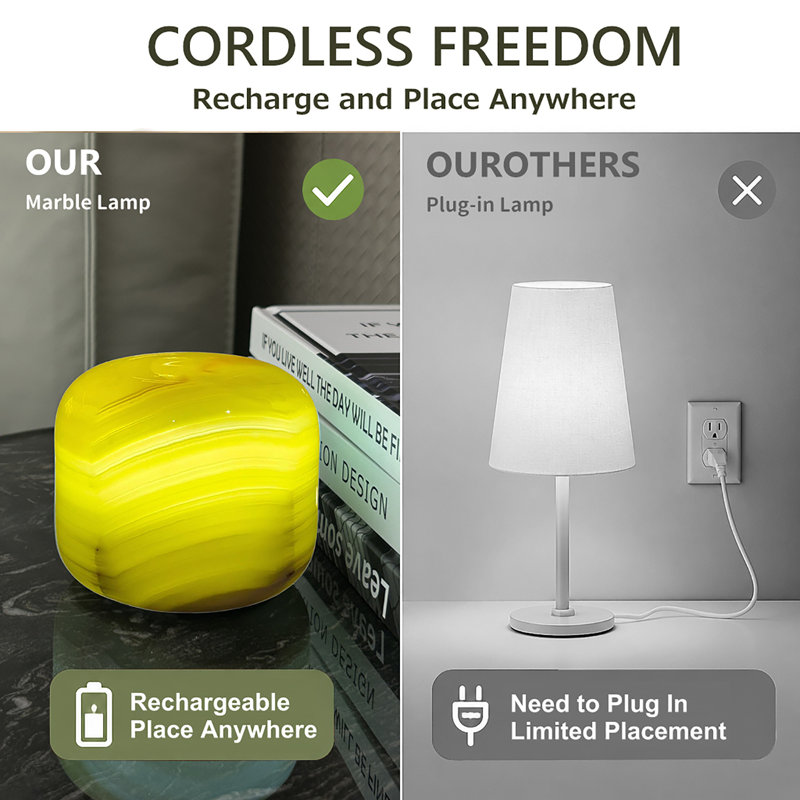 Lampe de table en marbre naturel jade-green, veilleuse à DEL sans fil rechargeable avec luminosité à intensité variable à 3 niveaux, lampe d'ambiance décorative portative pour salon de chambre à coucher, bureau, fêtes extérieures