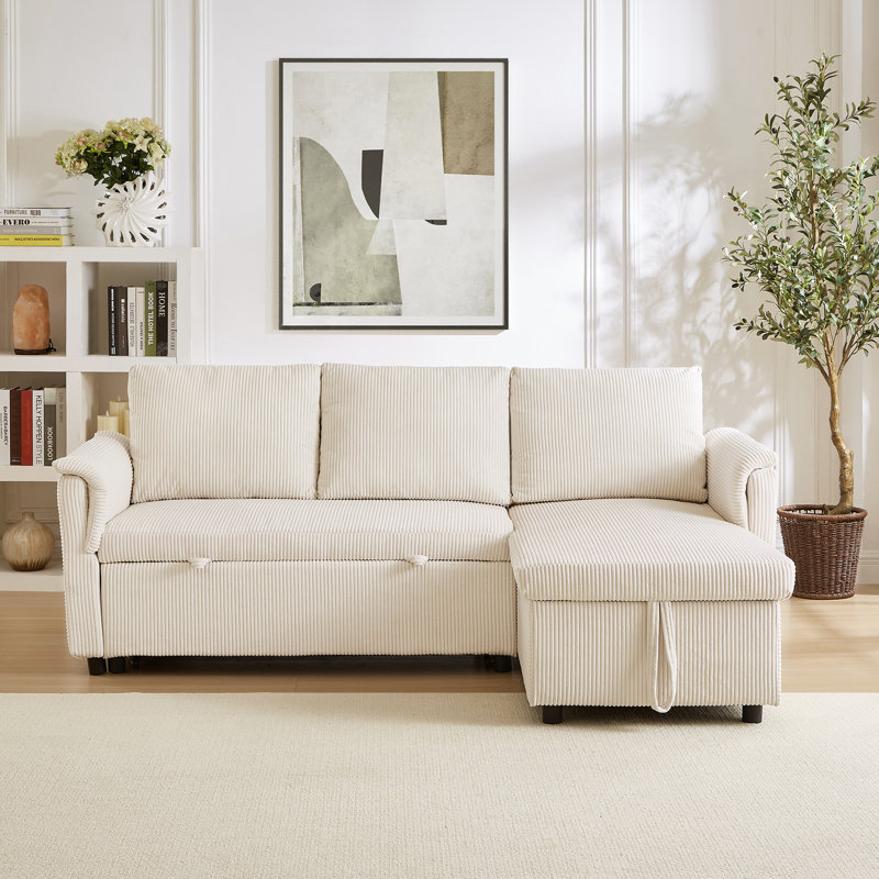Mara Corduroy Tufted Sectional Sofa with Pull-Out Bed & Pillows, Beige Corduroy