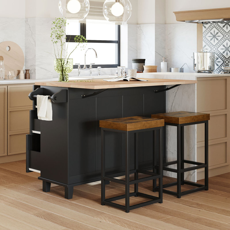 Farmhouse Kitchen Island Set With Drop Leaf And 2 Seatings,Dining Table Set With Storage Cabinet, Drawers And Towel Rack